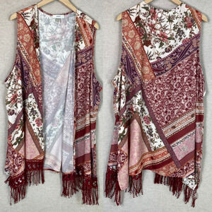 CJ Banks Womens Patchwork Floral Sleeveless Vest Size 2X Boho Fringe Kimono